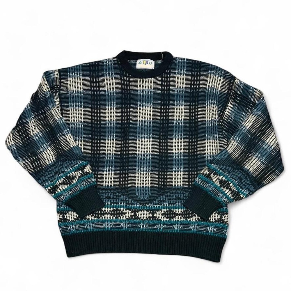 Vintage Men's Sweater Rough Cut Coogi Style Geometric Grandpa Blue Black Knit